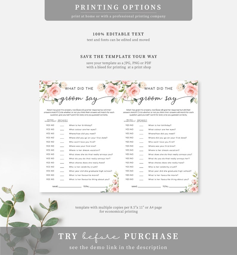 What Did The Groom Say Game Blush Floral Bridal Shower Games Editable Corjl Instant Download Hen's Party Game Darcy Floral image 4