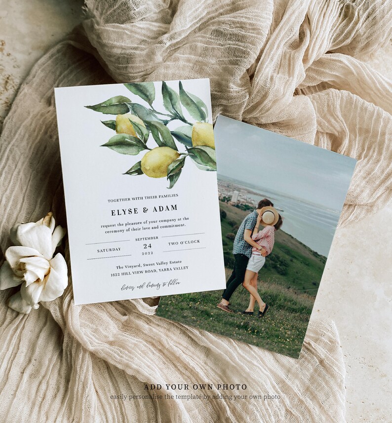 Printable Wedding Invitation Suite, Detail and RSVP Postcard,  Italian Lemons Editable Wedding Invitation Set, Italian Amalfi Lemons, Tuscan