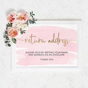 Afdrukbaar bord retouradres envelop, roze aquarel, goud, bedankkaartje meisjesbabyshower, bordje geslachtsbepaling