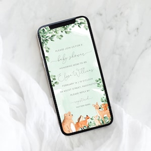 Woodland Animal Baby Shower Smartphone Invitation, Forest Wild Animals Gender Neutral Baby Shower Email Invitation, Digital Text Evite