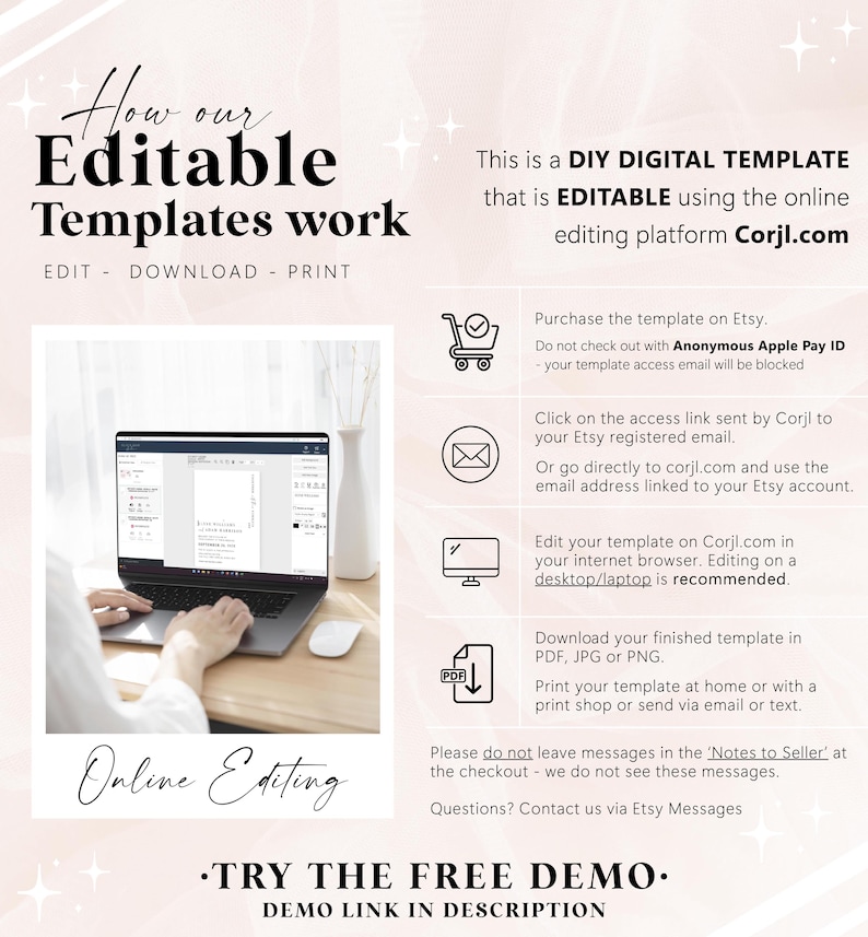 May include: A pink and white graphic with the text "How our Editable Templates work" and "EDIT - DOWNLOAD - PRINT". The graphic also includes instructions on how to use the Corjl.com platform to edit and download digital templates.