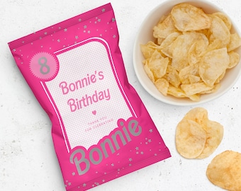 Birthday Party Chip Bag Wrapper Favors, Come On Let's Go Party Birthday Printable Chip Crisp Bag Favors, Hot Pink Gold Girl's Doll Party