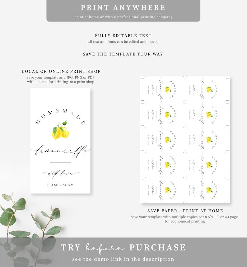 Homemade Limoncello Favor Tag Template, Minimalist Limoncello Bottle Wedding Favor Label, Printable Bridal Shower Favor Tag, Ellesmere image 5