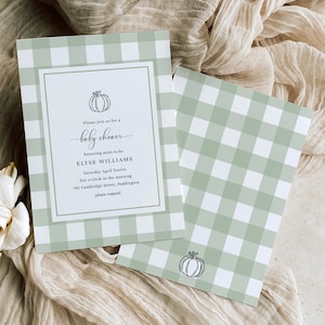 Sage Green Gingham Pumpkin Boy Baby Shower Invitation, Printable Fall Pumpkin Boy Baby Shower Invite, Pumpkin Couples Baby Shower Invitation