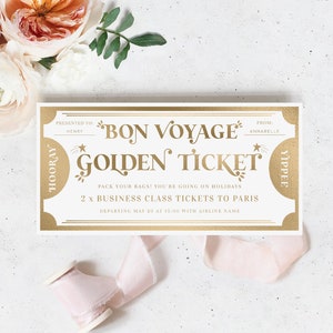 Bon Voyage Travel Golden Ticket Benutzerdefinierte Geschenkgutschein Vorlage, Weihnachtsgeschenkgutschein, Urlaubsreisegutschein, Margo