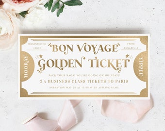Bon Voyage Travel Golden Ticket Custom Gift Voucher Template, Holiday Gift Certificate, Vacation Travel Voucher, Margo