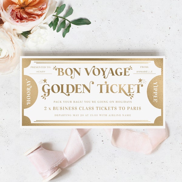 Bon Voyage Travel Golden Ticket Custom Gift Voucher Template, Holiday Gift Certificate, Vacation Travel Voucher, Margo