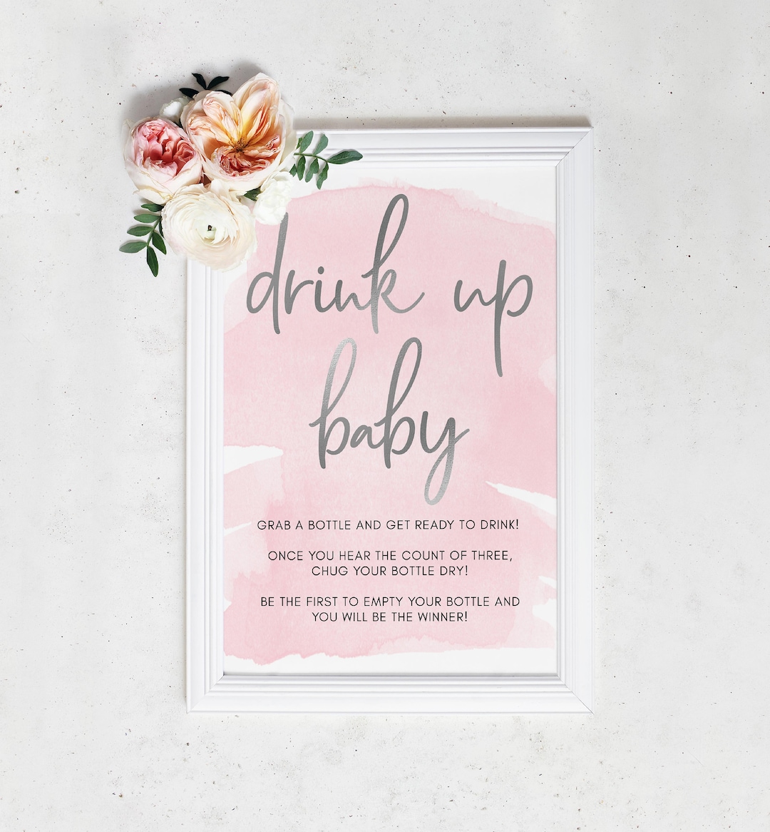Drink up Baby Bottle Chugging Game Sign Pink Watercolour Baby Bottle Drinking Game Printable