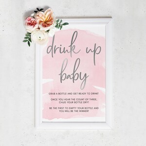Drink Up Baby Bottle Chugging Game Sign - Pink Watercolour Baby Bottle Drinking Game - Printable Baby Game Shower Sign - DIY Baby Shower