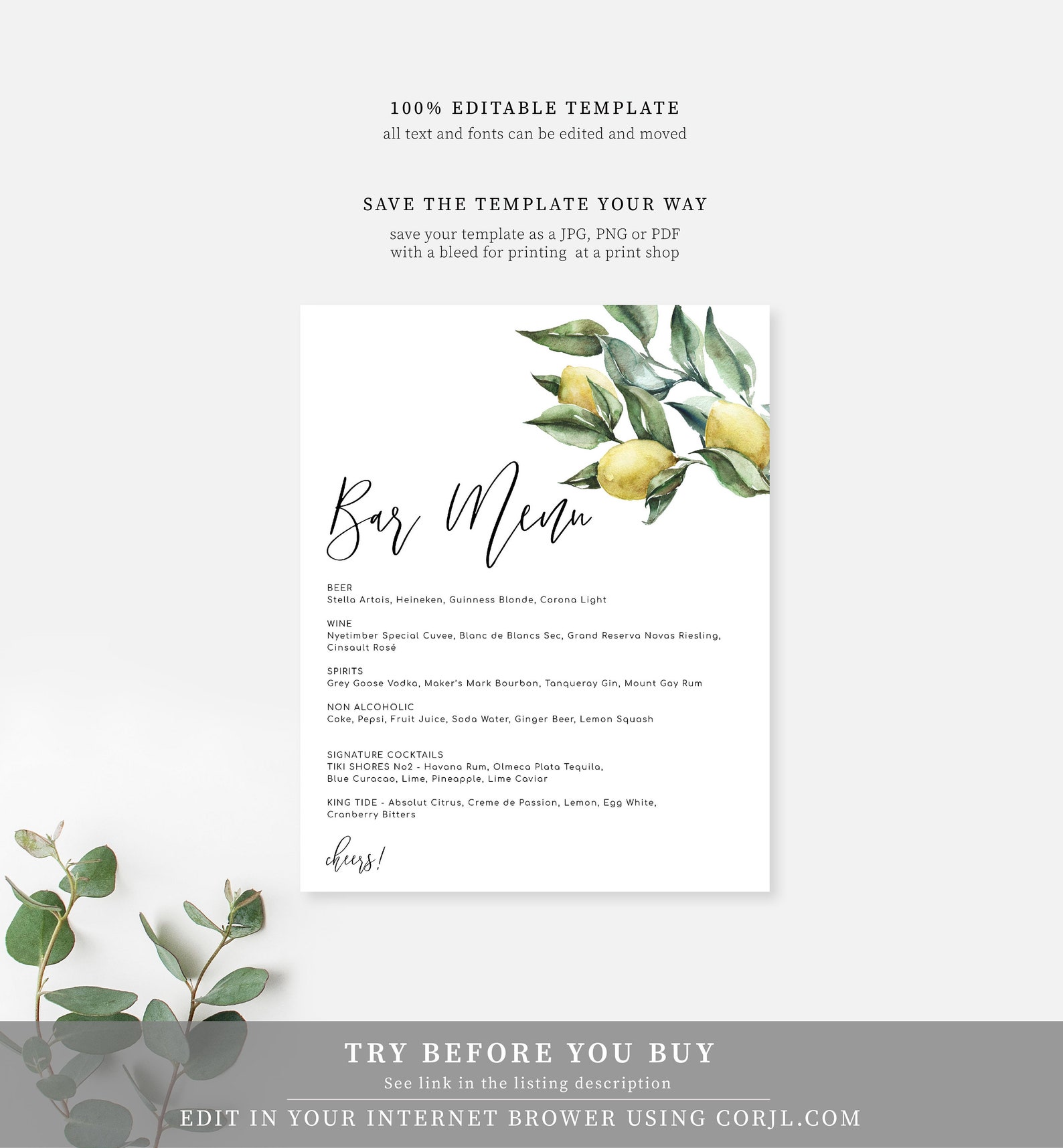 Printable Lemon Bar Menu Sign Editable Wedding Bar Menu Sign Etsy