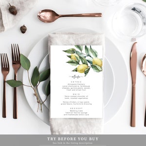 Editable Dinner Menu Template - Lemon Wedding Menu - Italian Lemons - DIY Wedding Stationery - Amalfi Wedding - Tuscan