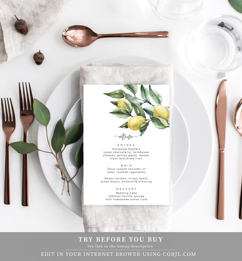 Editable Dinner Menu Template - Lemon Wedding Menu - Italian Lemons - DIY Wedding Stationery - Amalfi Wedding - Tuscan