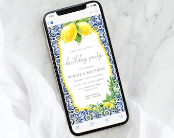 Digital Birthday Party Smartphone Invitation, Text Message Positano Blue Tile Lemons Birthday Invitation Template, Evite, Italian Lemons