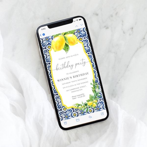 Digital Birthday Party Smartphone Invitation, Text Message Positano Blue Tile Lemons Birthday Invitation Template, Evite, Italian Lemons