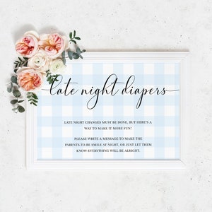 Late Night Diapers Sign - Blue Gingham - Printable Baby Boy Baby Shower Sign - Editable Printable Sign - Picnic Baby Shower