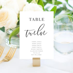 Bewerkbare tabelnummers met gastnamen - modern minimalistisch bruiloftsreceptie afdrukbare tabelnummersjabloon - Lucas Script