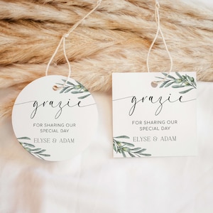 Etichette per bomboniere stampabili Grazie, etichette per bomboniere matrimonio Olive Branch Greenery, etichette per bomboniere olio d'oliva italiano, etichette per bomboniere ringraziamento matrimonio, Oliveto