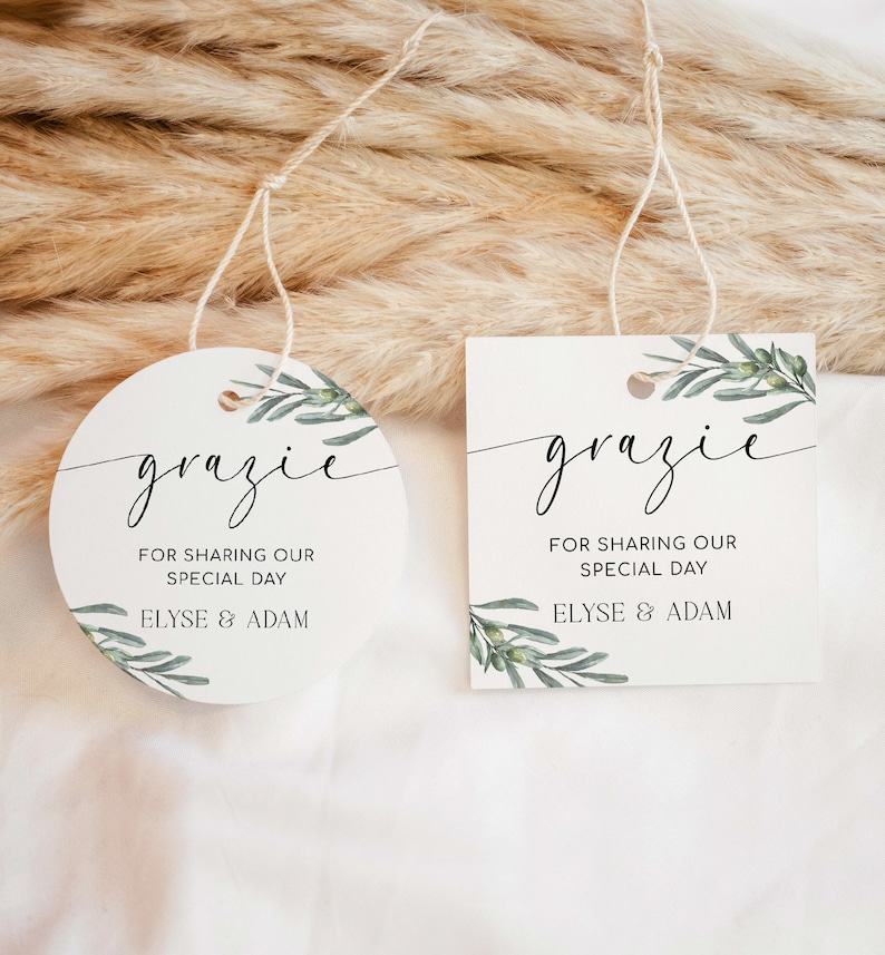 Printable Grazie Favor Tags, Olive Branch Greenery Wedding Favor Tags, Italian Olive Oil Favor Tag, Wedding Thank You Tag, Olive Grove