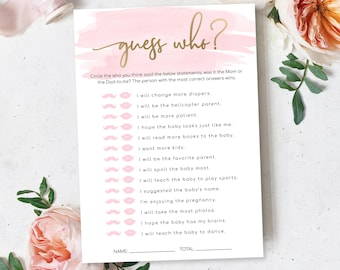 Editable Guess Who Mom or Dad Game, Printable Pink Watercolour Gold Baby Shower Guess Who Said It Game, He Said She Said Game