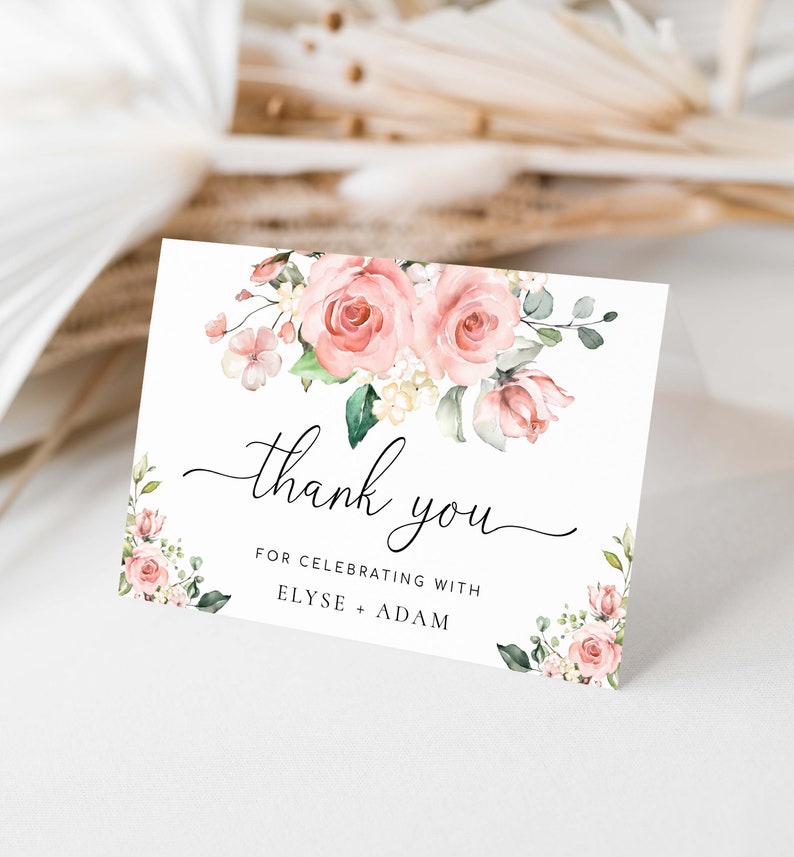 Blush Floral Thank You Card Printable Template, Darcy Pink - Etsy