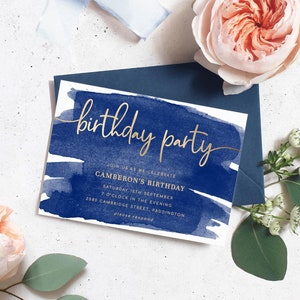 Afdrukbare verjaardagsuitnodiging - marineblauw aquarel bewerkbare uniseks verjaardagsuitnodiging - mannelijke uitnodiging - goudfolie