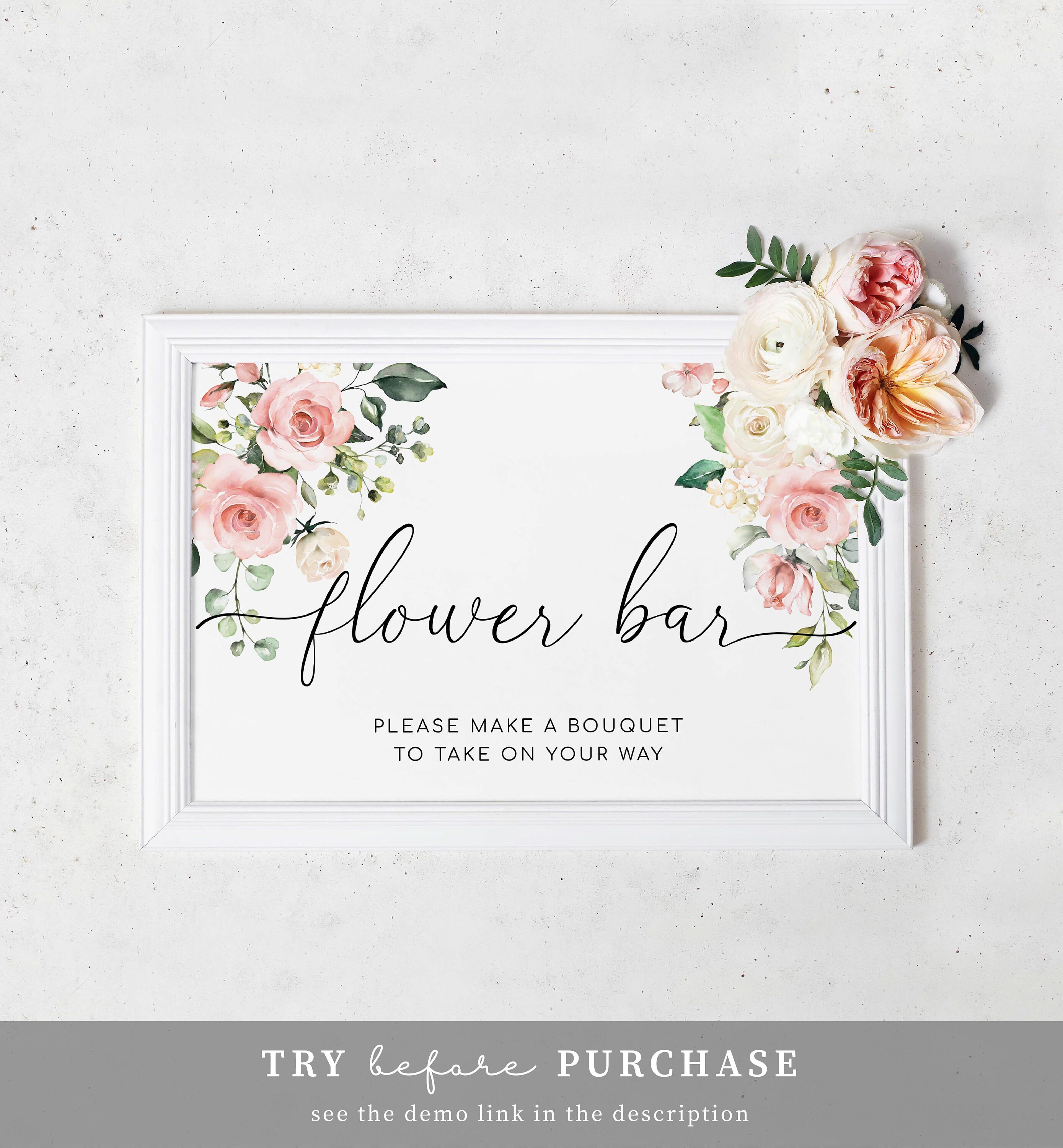 Blush Floral Flower Bar Sign Printable Bridal Shower Bouquet | Etsy