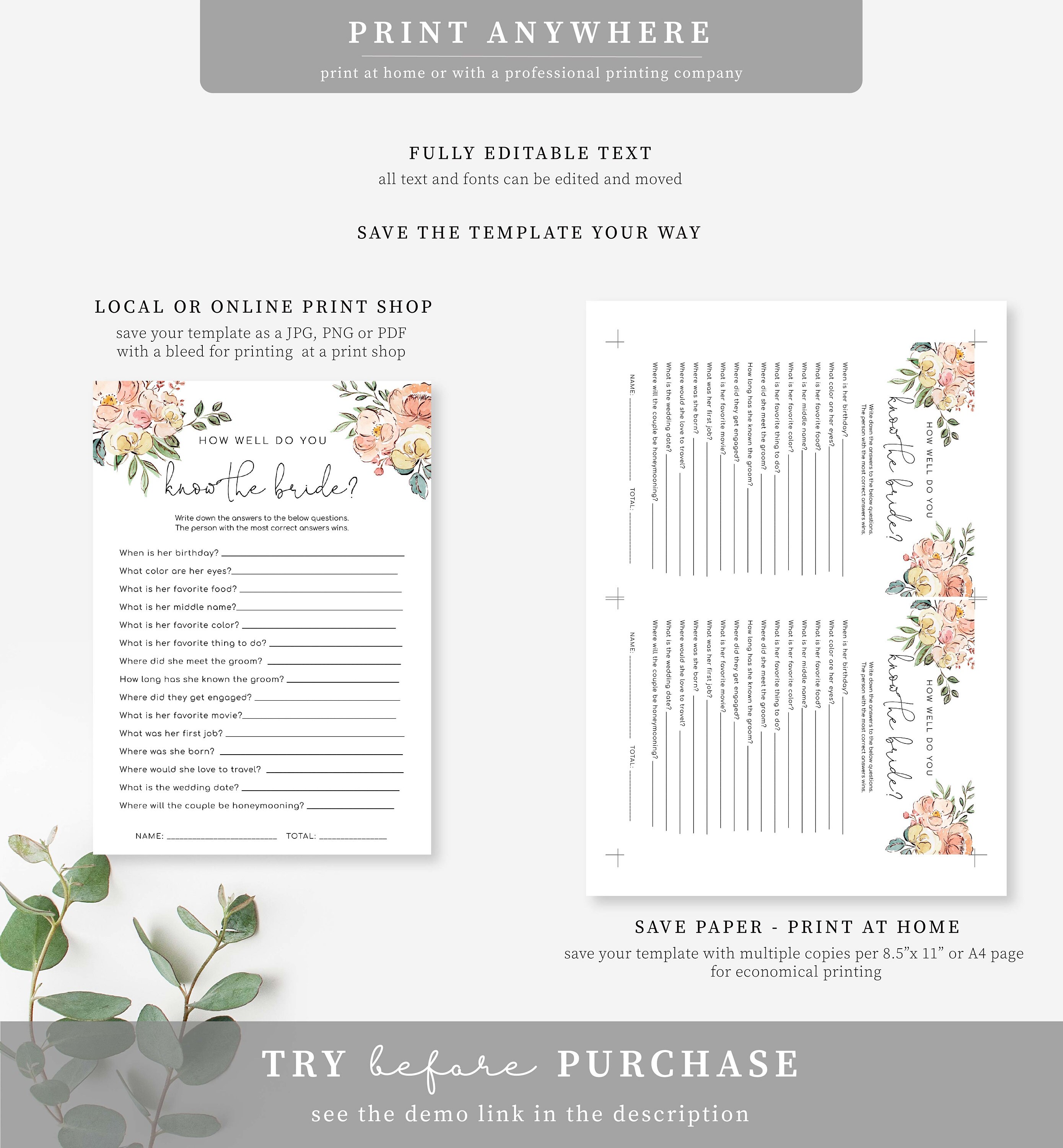 How Well Do You Know the Bride Printable Bridal Shower Game Template ...