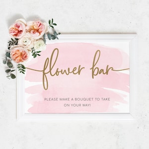 Floral Flower Bar Sign, Printable Pink Watercolour Bridal Shower Flower Station Sign, Editable Baby Shower Sign, Bouquet Bar Favor Sign