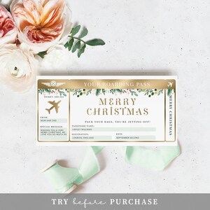 Editable Boarding Pass Christmas Template - Printable Surprise Fake Airline Ticket Gold Foil - Vacation Airplane Ticket Gift - Merriment