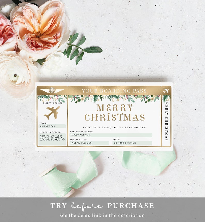 Editable Boarding Pass Christmas Template - Printable Surprise Fake Airline Ticket Gold Foil - Vacation Airplane Ticket Gift - Merriment