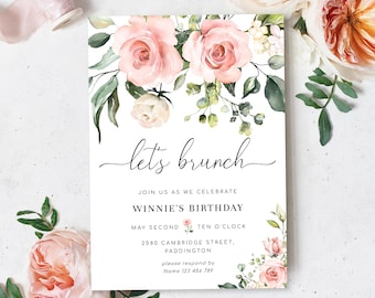 Invitación de cumpleaños con brunch floral ruborizado, almuerzo para damas (plantilla imprimible DIY), Darcy