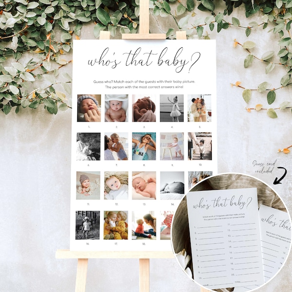 Who's That Baby Photo Game Sign and Card, Minimalist Guess Who? Baby Shower Game, Printable Baby Photo Game, Guest Baby Photo Game, Quinn