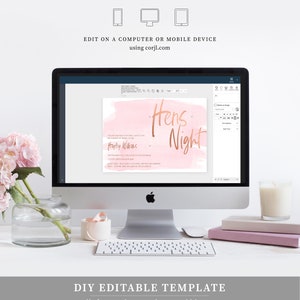 May include: Editable template for a hens night invitation. The invitation features a pink watercolor background with the text "Hens Night" in gold script. The text "You're invited for one last fling in honor of Hayley Williams" is also included.