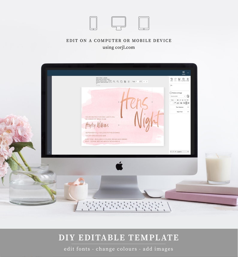 May include: Editable template for a hens night invitation. The invitation features a pink watercolor background with the text "Hens Night" in gold script. The text "You're invited for one last fling in honor of Hayley Williams" is also included.