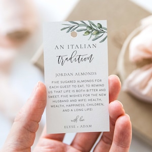 An Italian Tradition Favor Tag, Printable Jordan Almonds Tag, Olive Leaves Sugared Almonds Wedding Favor Tag, Wedding Favor Tag, Olive Grove
