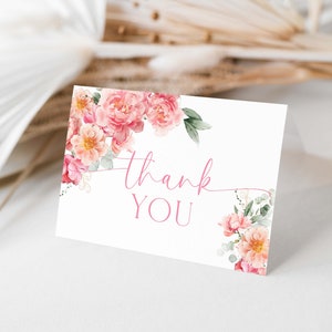 Modèle de carte de remerciement pliée imprimable, cadeaux floraux pour baby shower pivoine rose poudré, carte de remerciement pour shower de bébé, carte de remerciement de mariage, cornemuse