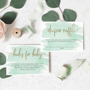 Bücher für Baby- und Windel-Gewinnspielkarten-Bundle, grünes Babyparty-Windel-Gewinnspiel, Gold, Baby-Duschebuch-Anfrage-Karte, grünes Aquarell