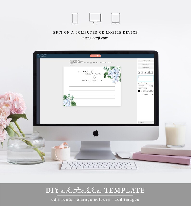 Blue Hydrangea Thank You Card, Editable Template (digital Download ...