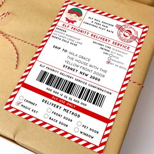 Etiqueta adesiva para envio de caixa de chegada de elfo para impressão, etiqueta de presente de correio de elfo do Pólo Norte, etiqueta de envio de entrega especial de Natal da Oficina do Papai Noel