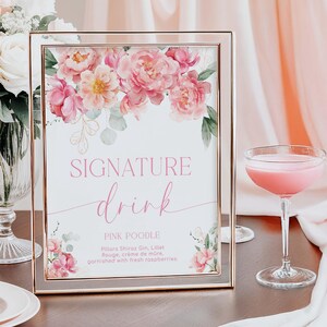 Druckbares Signature Getränkekarte, druckbares Brautparty-Cocktailmenü, Pink Peony Floral, Babyparty-Mocktail-Menü-Schild, Piper