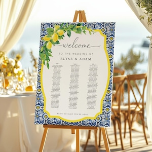 Druckbare 3 Lange Tische Hochzeit Sitzplan Vorlage, Positano Blaue Fliesen Zitrone, Sitzplan Poster, Sitzplatzschild für den Empfang