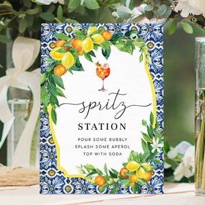 Druckbare Spritz Station Schild, Positano Blue Tile Orangen Zitronen Alkohol Spritz Cocktail Schild, Hochzeit Cocktail Schild, Signature Drinks Schild