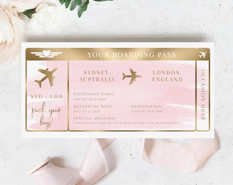 Editable Boarding Pass Template, Printable Pink Watercolour Surprise Fake Airline Ticket, Vacation Aeroplane Ticket Gift, Gold
