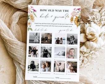 May include: A printable bridal shower game with a floral design. The game is called "How Old Was The Bride + Groom?" and asks guests to guess the ages of the bride and groom in photos. The game includes spaces for guests to write their names and total scores.