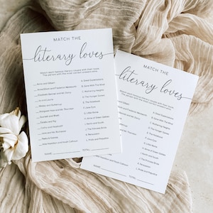 Literary Loves Game, Modern Minimalist Bridal Shower Book Characters Game, Famous Historical Couples Game, Literary Couples Quiz, Quinn