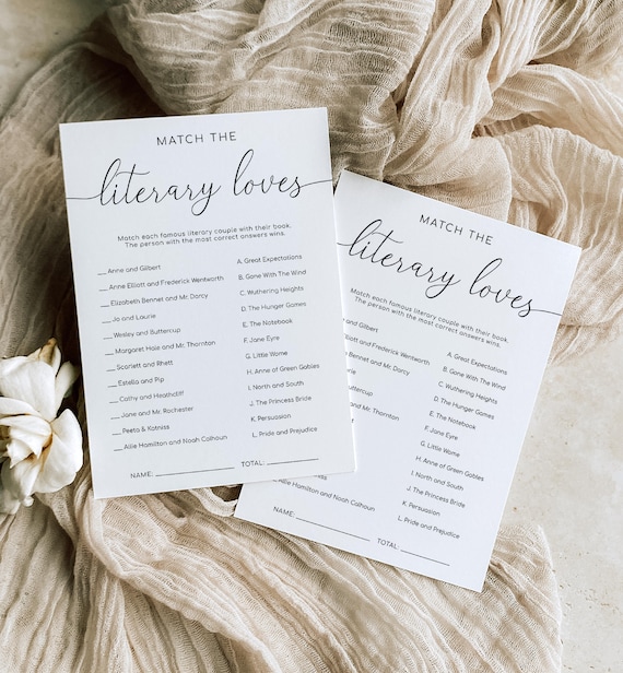 Literary Loves Game, Modern Minimalist Bridal Shower Book Characters Game, Famous Historical Couples Game, Literary Couples Quiz, Quinn