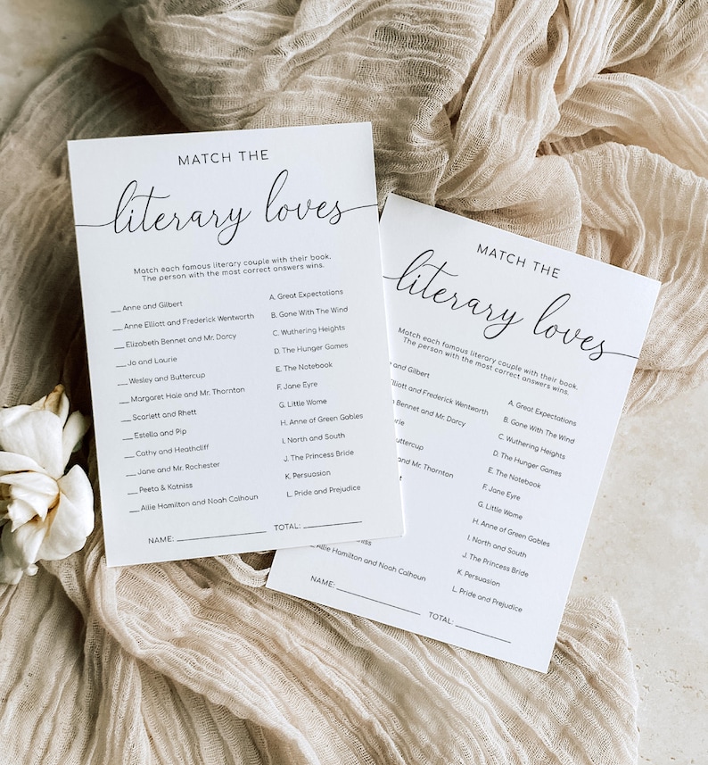 Literary Loves Game, Modern Minimalist Bridal Shower Book Characters Game, Famous Historical Couples Game, Literary Couples Quiz, Quinn