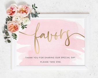 Favors Sign, Pink Watercolour Favours Sign, Printable Bridal and Baby Shower Sign, Gold Foil  Wedding Sign, Party Favors Sign