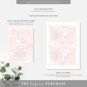 Puede incluir: Una invitaci&oacute;n imprimible para un baby shower con un cisne blanco sobre un fondo de acuarela rosa y detalles florales dorados. El texto dice "Por favor, &uacute;nase a nosotros para un baby shower en honor a Elyse Williams, el 2 de septiembre, 1:00 PM, 1212 Kensington Avenue, RSVP: [n&uacute;mero de tel&eacute;fono]"