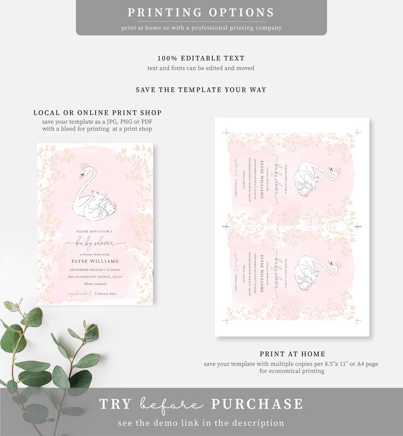 Puede incluir: Una invitaci&oacute;n imprimible para un baby shower con un cisne blanco sobre un fondo de acuarela rosa y detalles florales dorados. El texto dice "Por favor, &uacute;nase a nosotros para un baby shower en honor a Elyse Williams, el 2 de septiembre, 1:00 PM, 1212 Kensington Avenue, RSVP: [n&uacute;mero de tel&eacute;fono]"